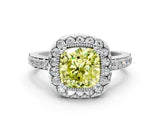 White gold Fancy Yellow Cushion Cut Diamond Halo Ring with Pavé Band and Prong Setting