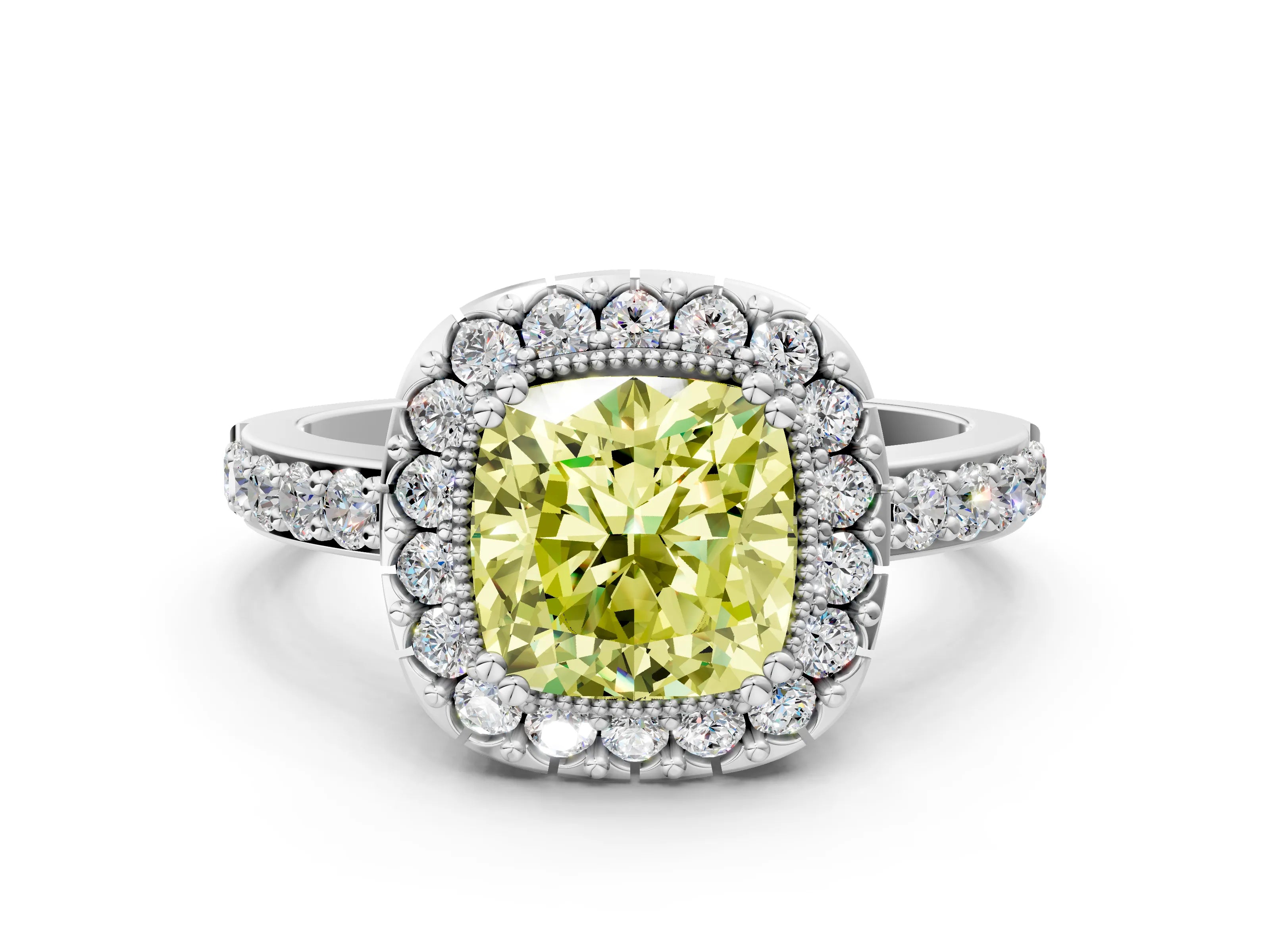 White gold Fancy Yellow Cushion Cut Diamond Halo Ring with Pavé Band and Prong Setting_12