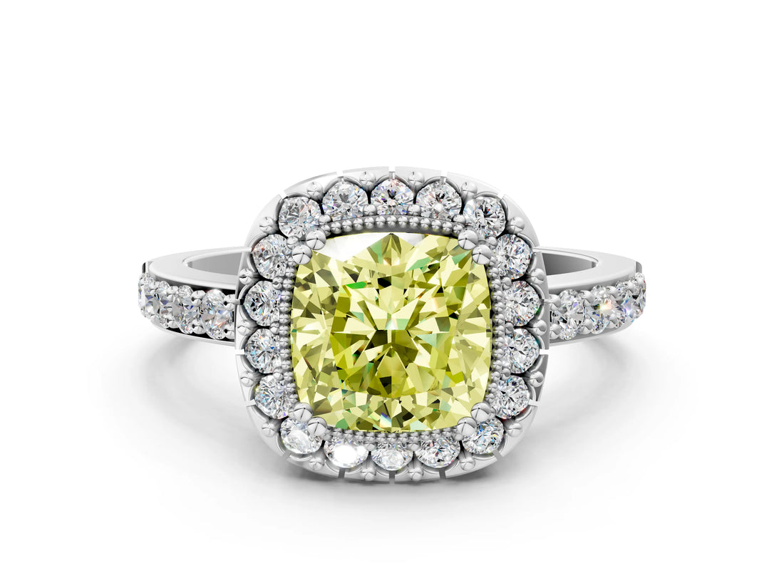 White gold Fancy Yellow Cushion Cut Diamond Halo Ring with Pavé Band and Prong Setting_12