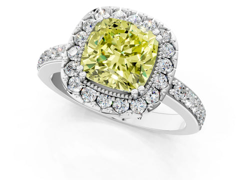 White gold Fancy Yellow Cushion Cut Diamond Halo Ring with Pavé Band and Prong Setting_13