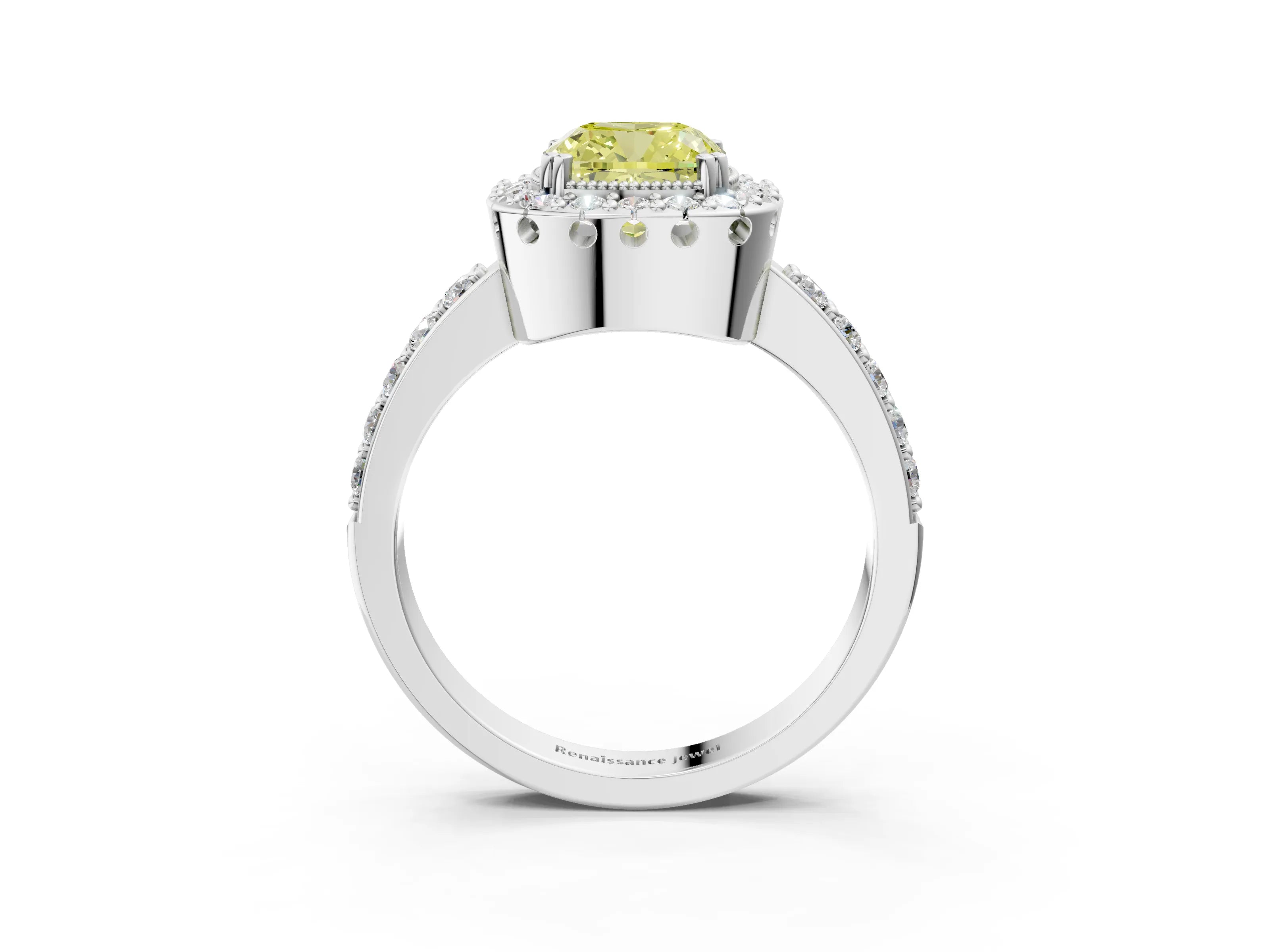 White gold Fancy Yellow Cushion Cut Diamond Halo Ring with Pavé Band and Prong Setting_15