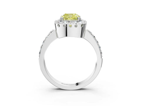 White gold Fancy Yellow Cushion Cut Diamond Halo Ring with Pavé Band and Prong Setting_15