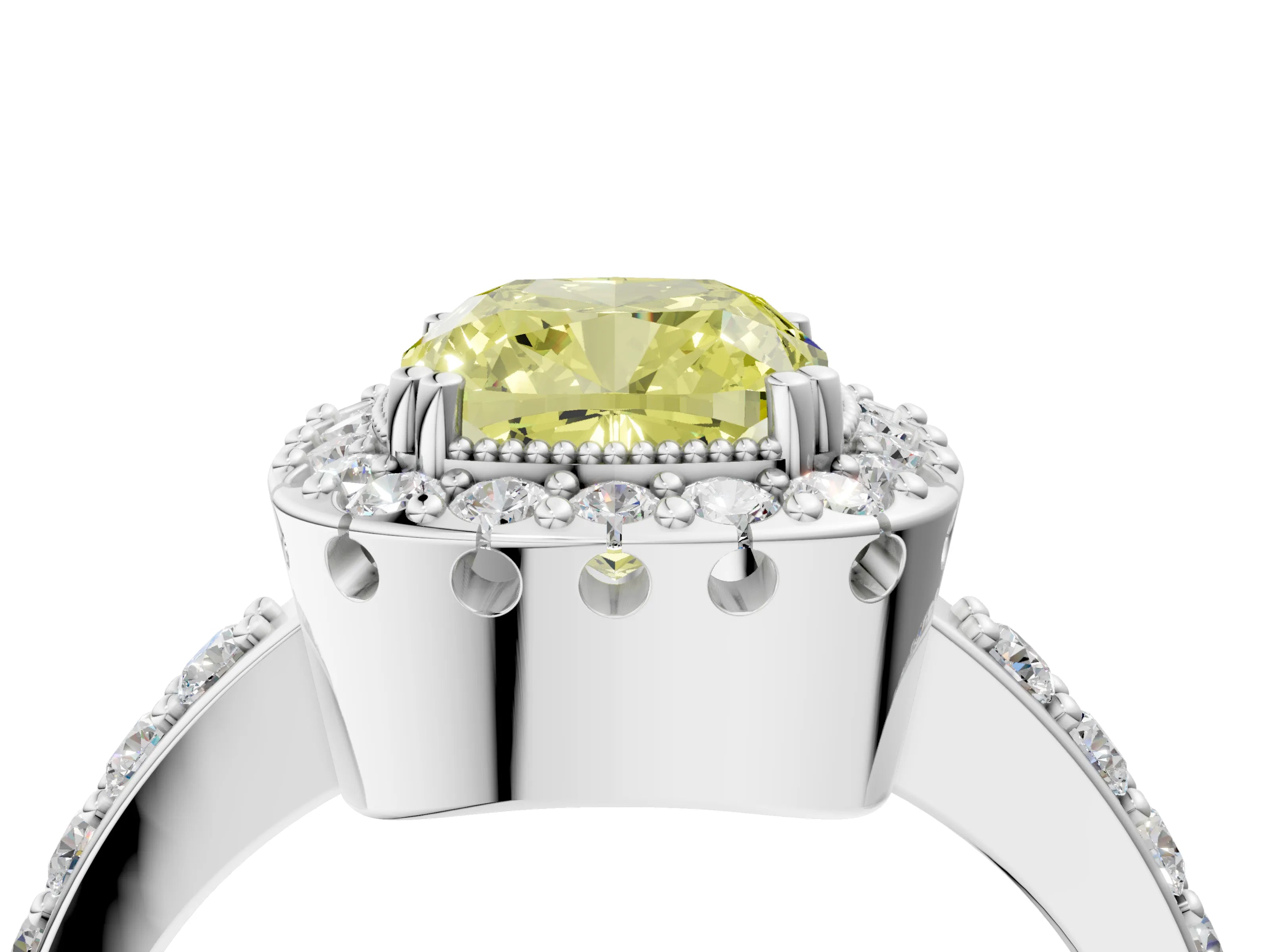 White gold Fancy Yellow Cushion Cut Diamond Halo Ring with Pavé Band and Prong Setting_16