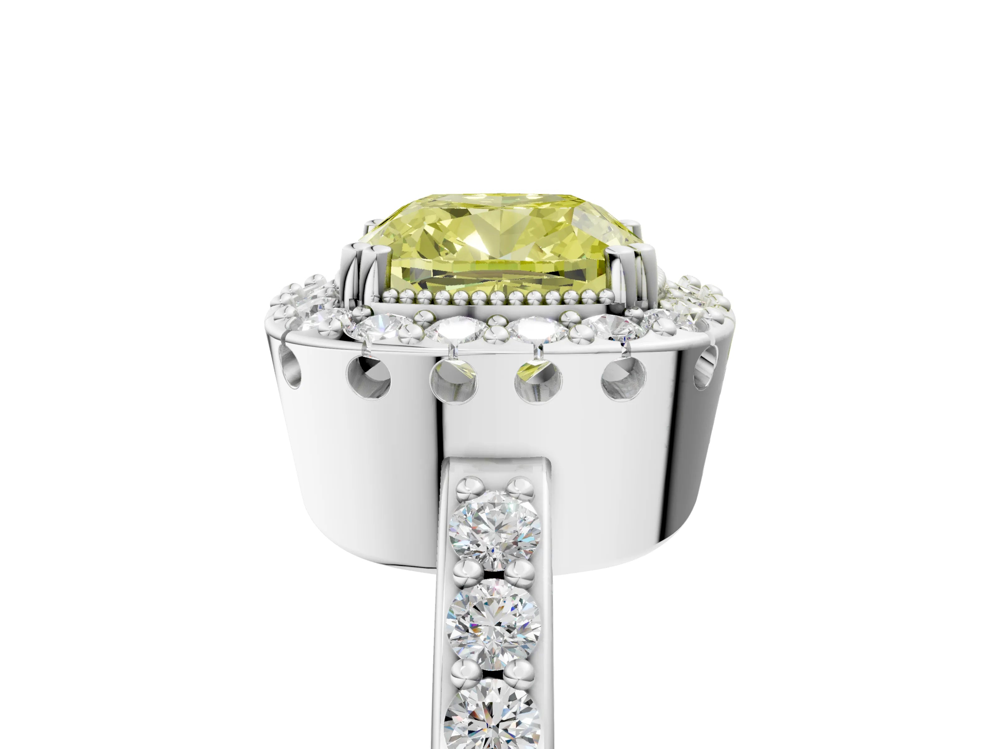 White gold Fancy Yellow Cushion Cut Diamond Halo Ring with Pavé Band and Prong Setting_17
