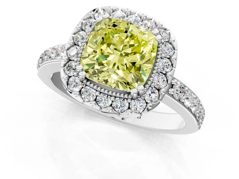 White gold Fancy Yellow Cushion Cut Diamond Halo Ring with Pavé Band and Prong Setting_1