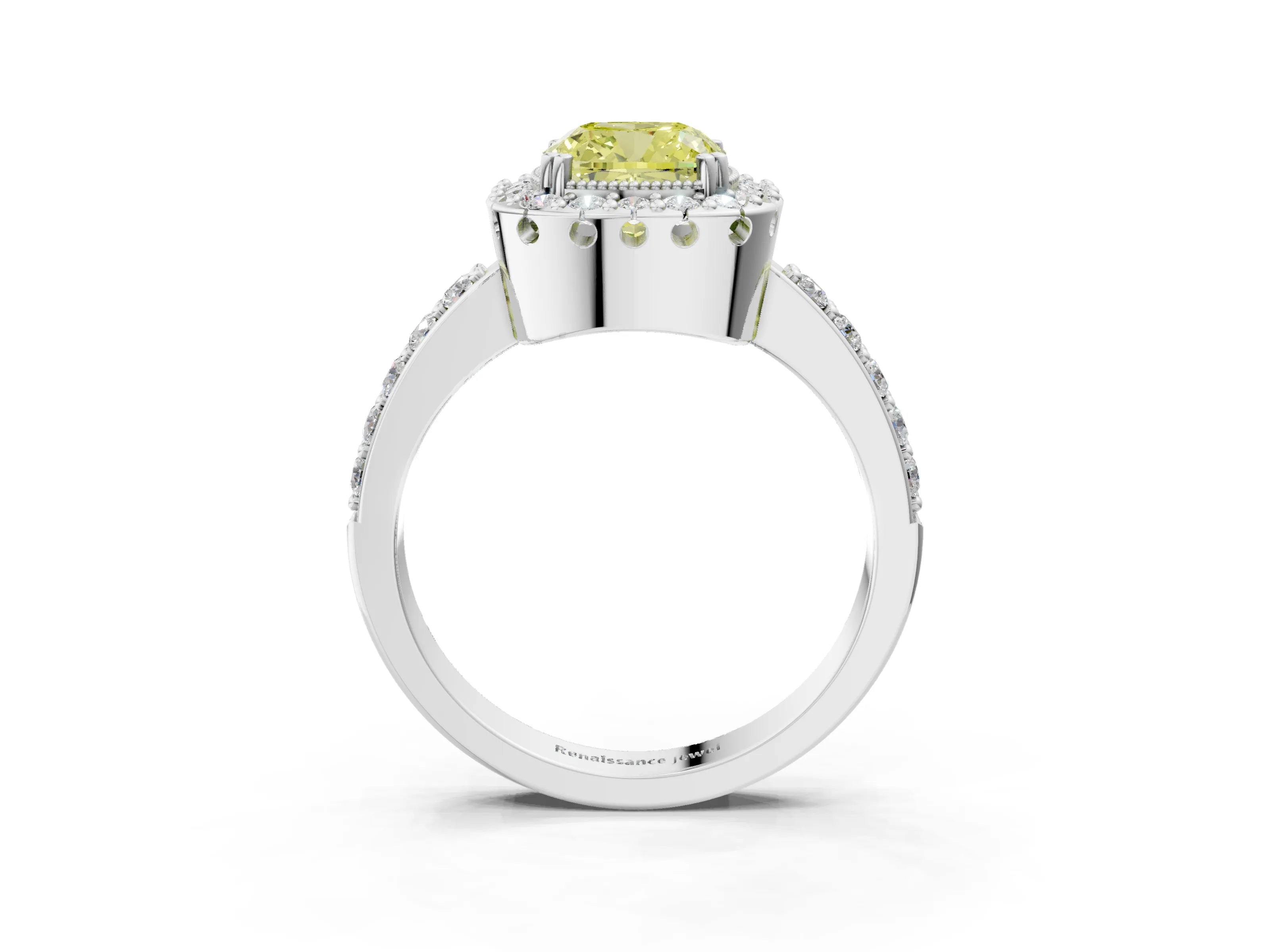 White gold Fancy Yellow Cushion Cut Diamond Halo Ring with Pavé Band and Prong Setting_3