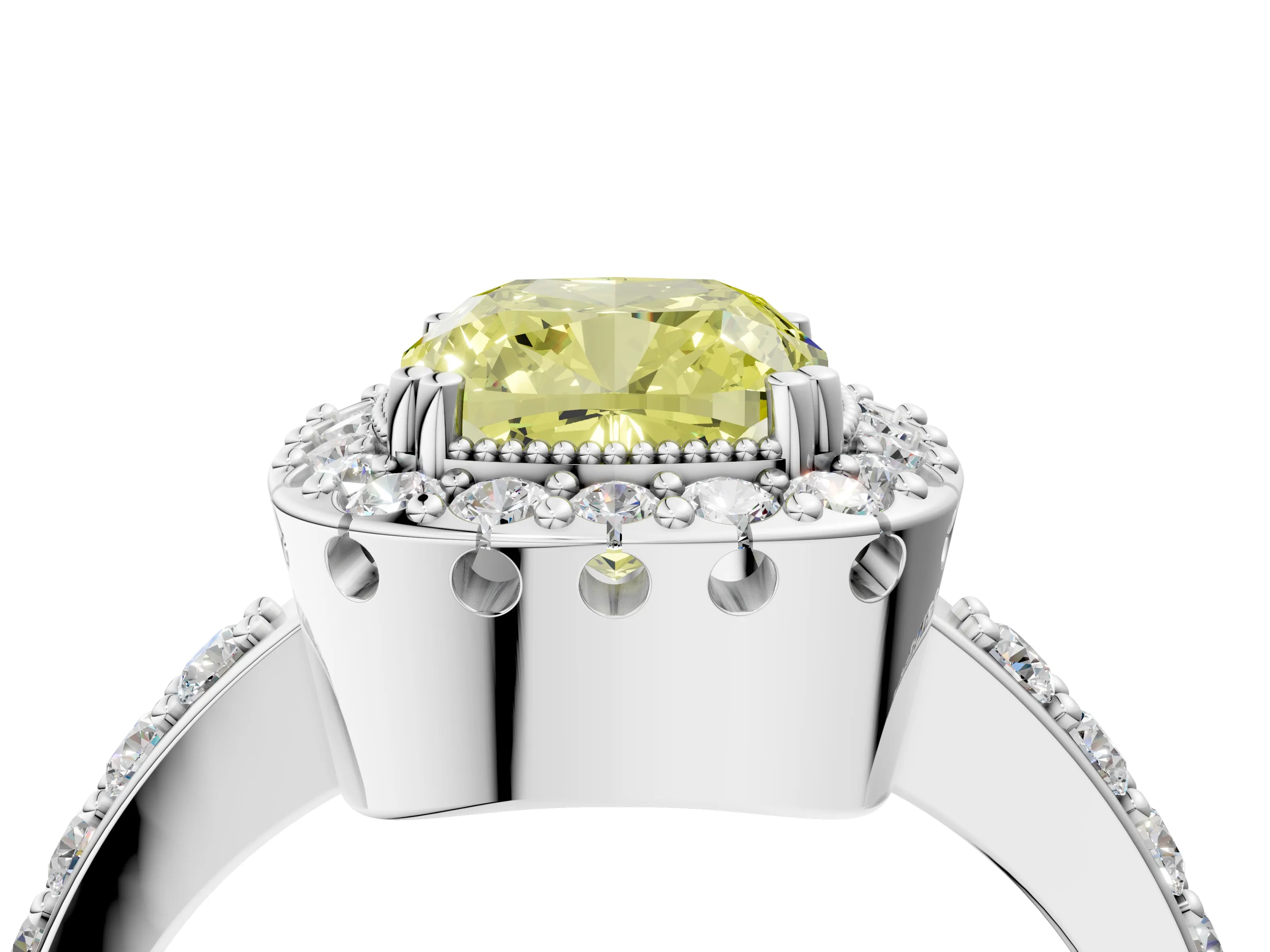 White gold Fancy Yellow Cushion Cut Diamond Halo Ring with Pavé Band and Prong Setting_4