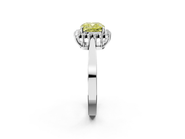 White gold Fancy Yellow Cushion  Cut Diamond Halo Ring with Round Brilliant Halo and Solitaire Band