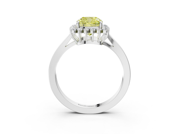 White gold Fancy Yellow Cushion  Cut Diamond Halo Ring with Round Brilliant Halo and Solitaire Band