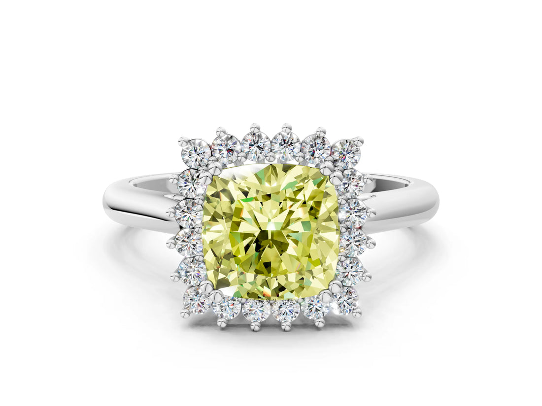 White gold Fancy Yellow Cushion  Cut Diamond Halo Ring with Solitaire Band and Prong Setting_53