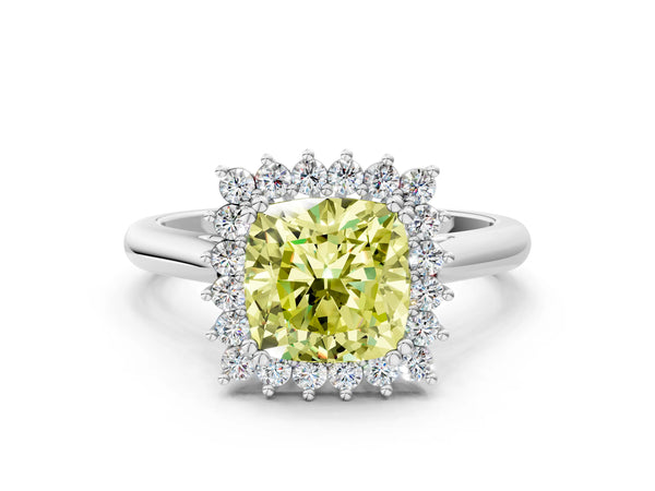 Platinum Fancy Yellow Cushion  Cut Diamond Halo Ring with Solitaire Band and Prong Setting