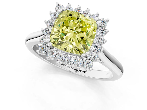 Platinum Fancy Yellow Cushion  Cut Diamond Halo Ring with Solitaire Band and Prong Setting