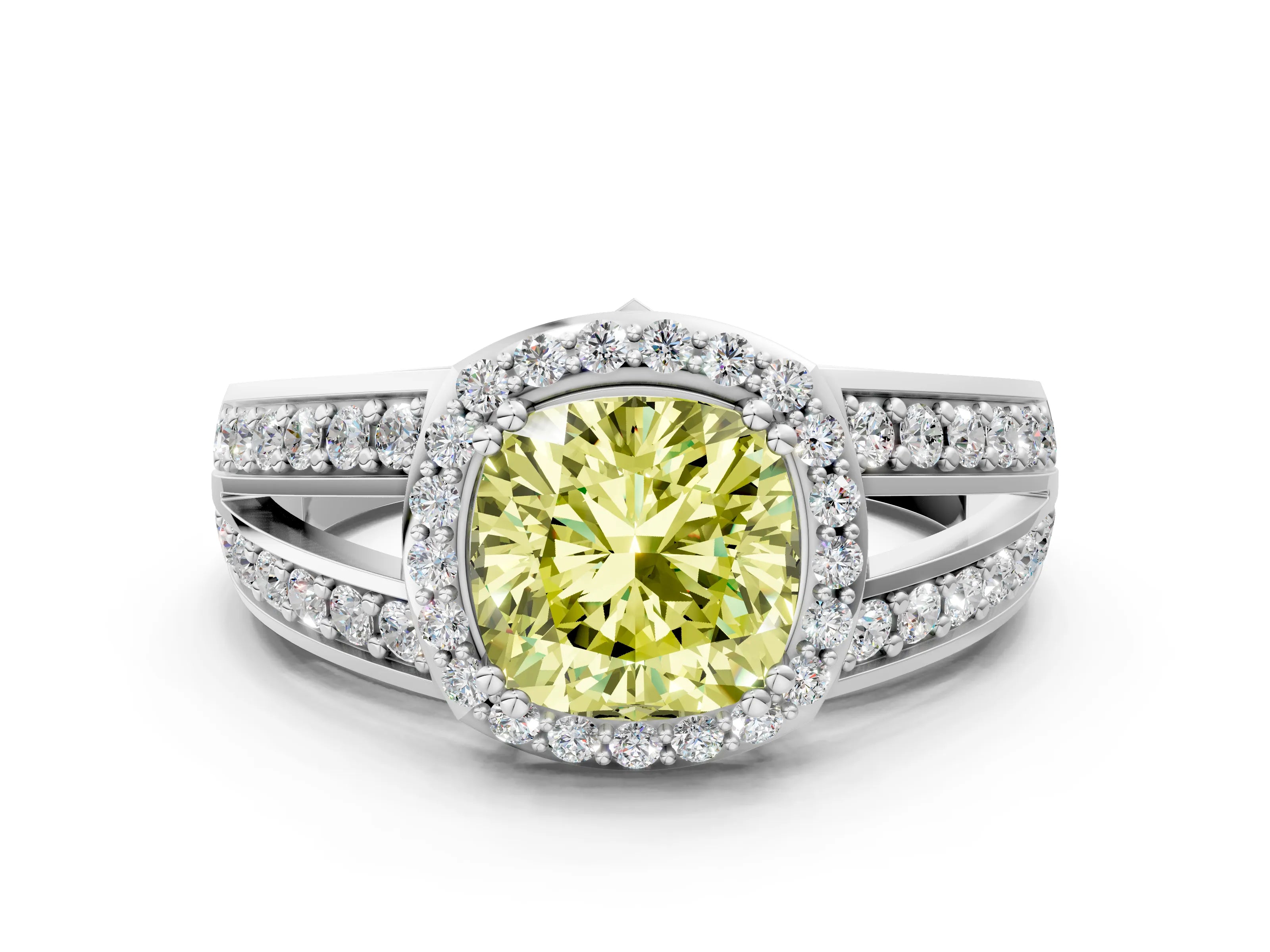 White gold Fancy Yellow Cushion Cut Diamond Halo Ring with Split Shank Pavé Band and Four-Prong Setting_12