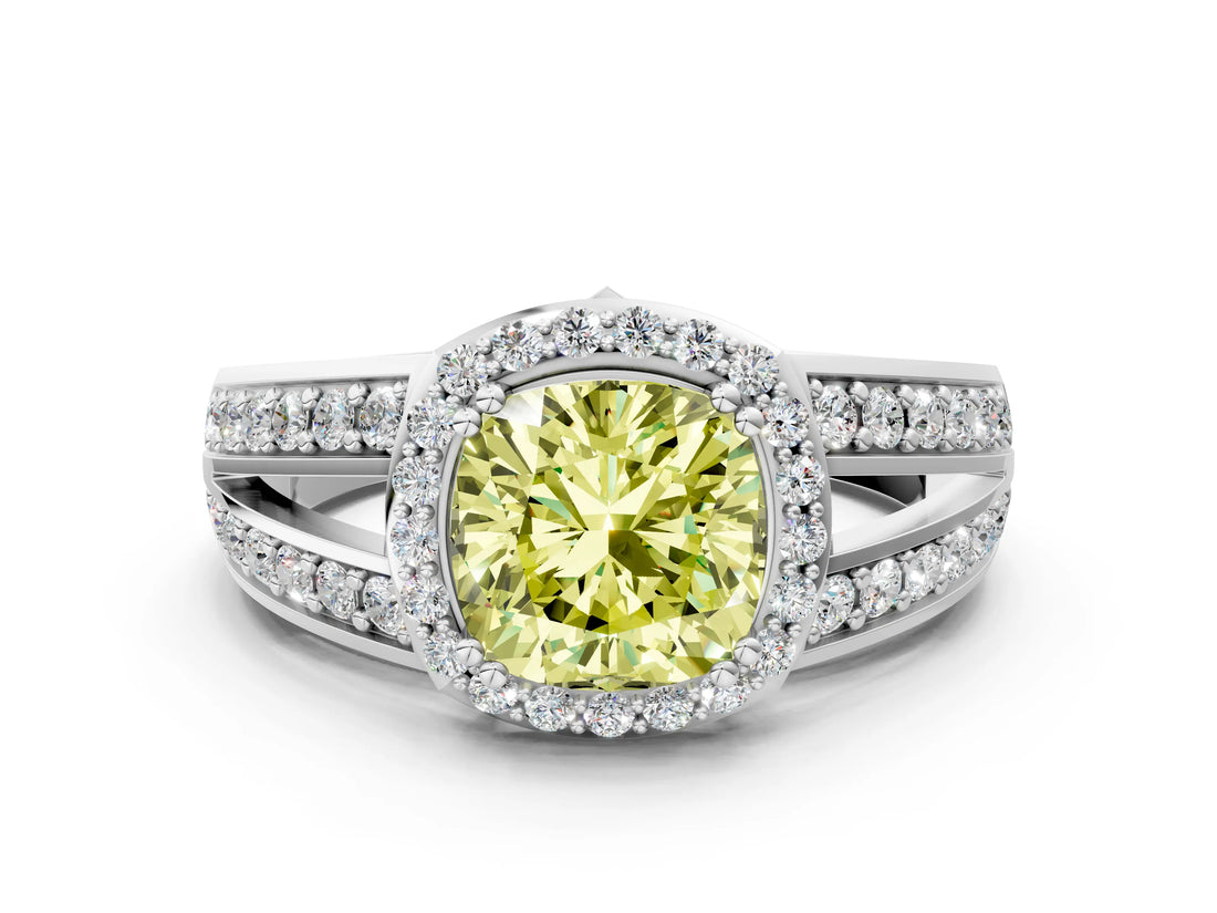 White gold Fancy Yellow Cushion Cut Diamond Halo Ring with Split Shank Pavé Band and Four-Prong Setting_12