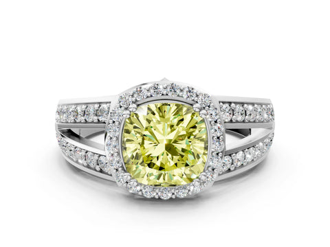 White gold Fancy Yellow Cushion Cut Diamond Halo Ring with Split Shank Pavé Band and Four-Prong Setting_12