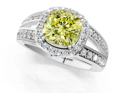 White gold Fancy Yellow Cushion Cut Diamond Halo Ring with Split Shank Pavé Band and Four-Prong Setting_13