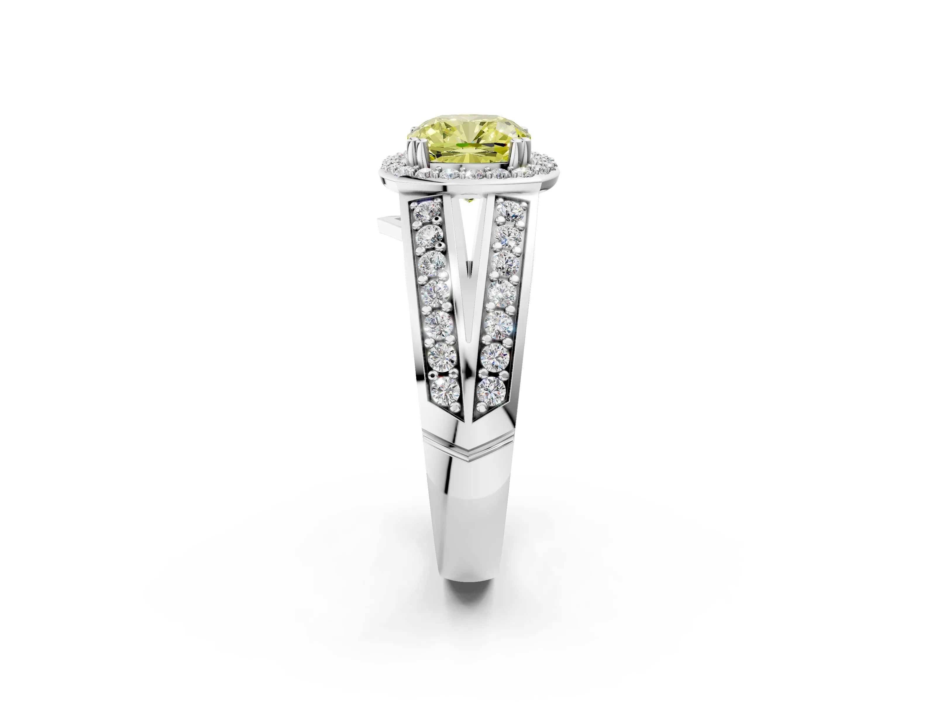 White gold Fancy Yellow Cushion Cut Diamond Halo Ring with Split Shank Pavé Band and Four-Prong Setting_14