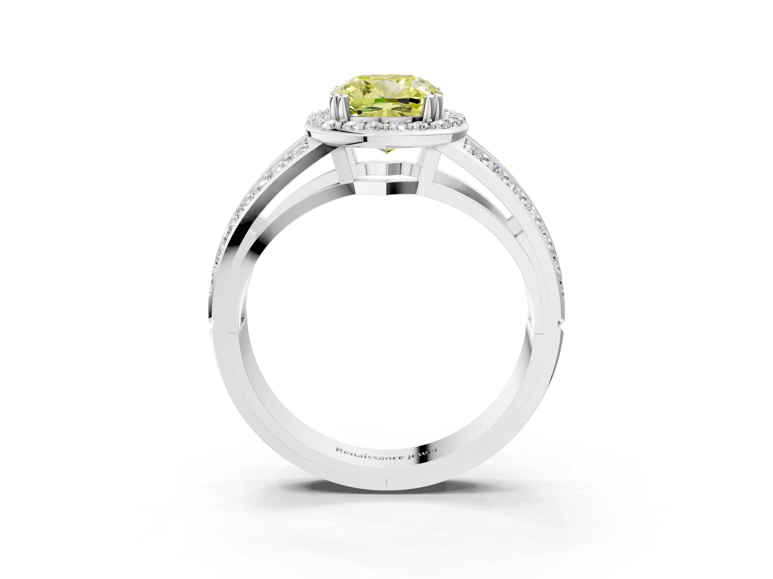 White gold Fancy Yellow Cushion Cut Diamond Halo Ring with Split Shank Pavé Band and Four-Prong Setting_15