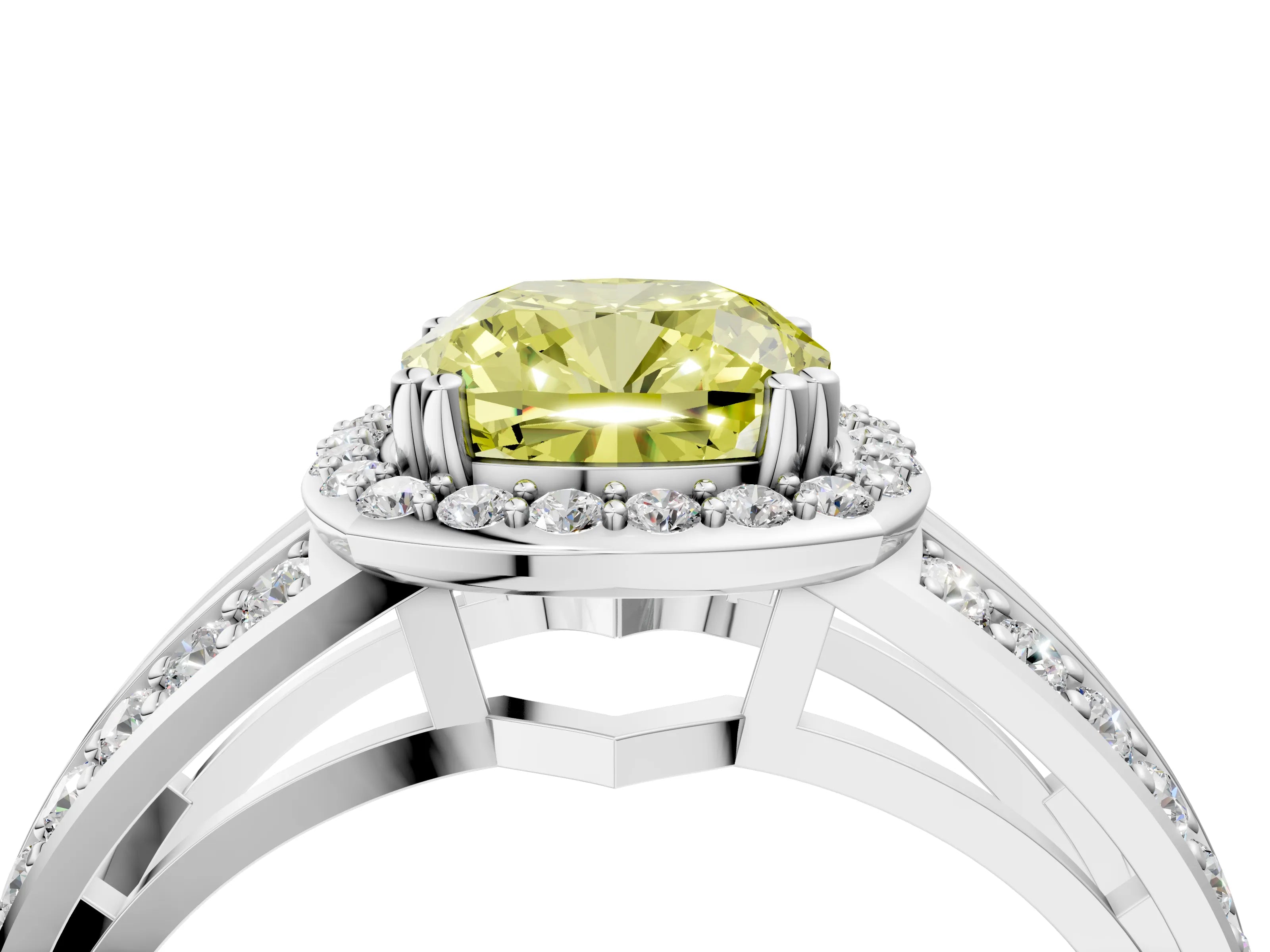 White gold Fancy Yellow Cushion Cut Diamond Halo Ring with Split Shank Pavé Band and Four-Prong Setting_16
