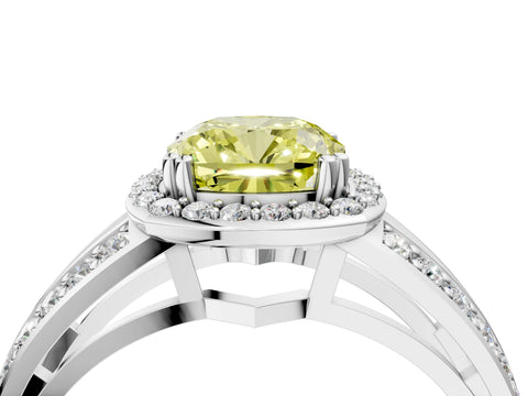 White gold Fancy Yellow Cushion Cut Diamond Halo Ring with Split Shank Pavé Band and Four-Prong Setting_16