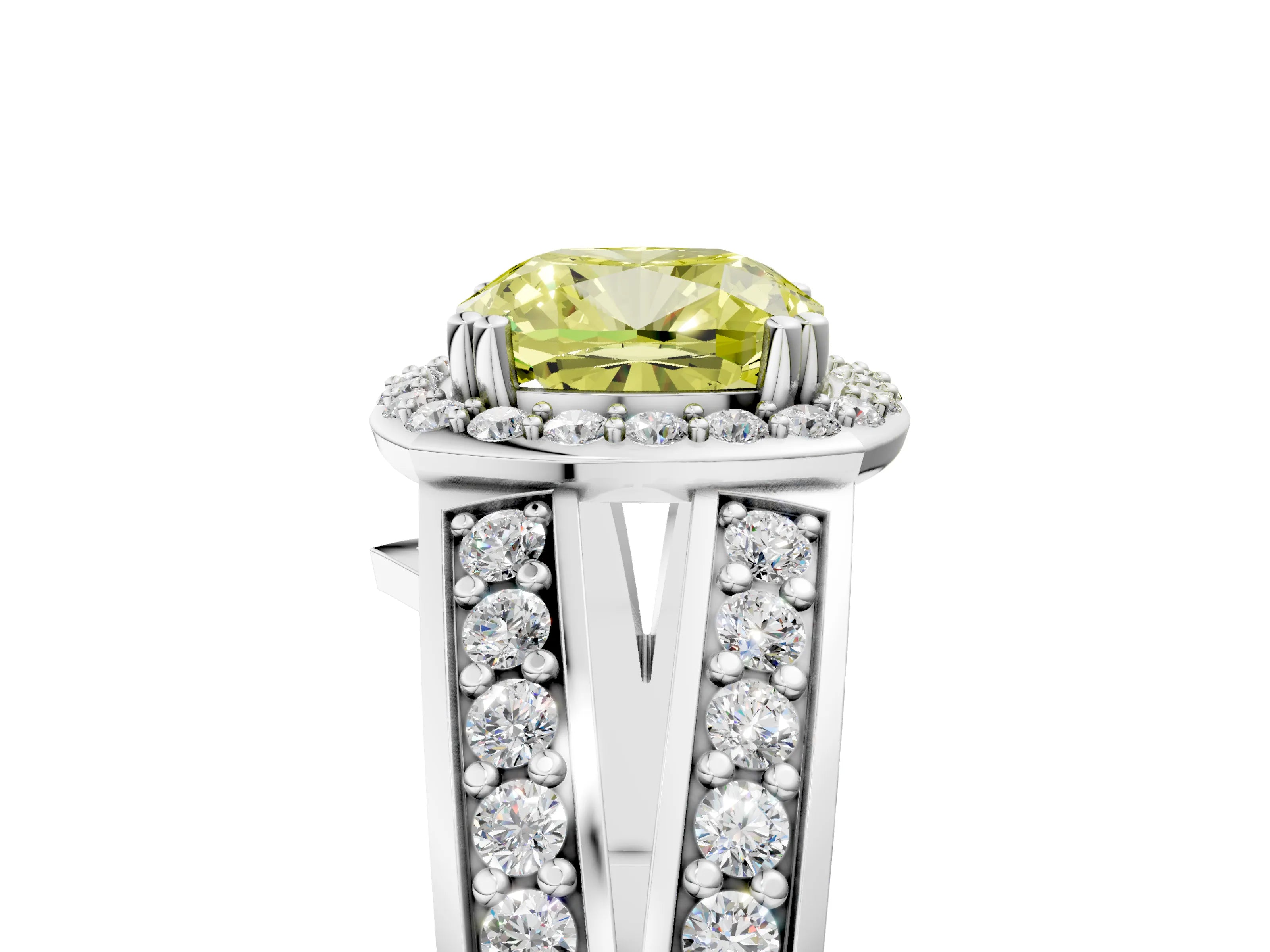 White gold Fancy Yellow Cushion Cut Diamond Halo Ring with Split Shank Pavé Band and Four-Prong Setting_17