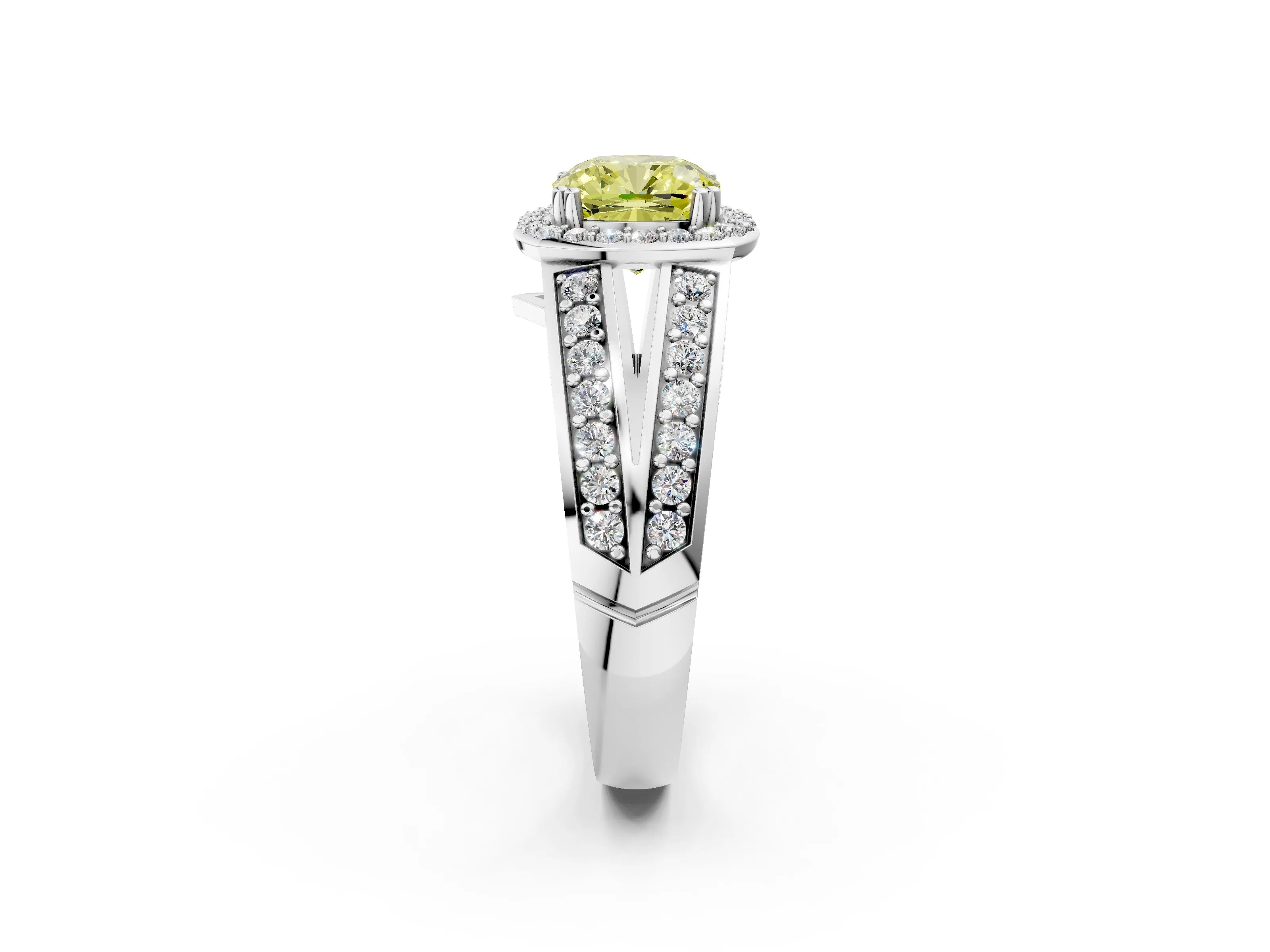 White gold Fancy Yellow Cushion Cut Diamond Halo Ring with Split Shank Pavé Band and Four-Prong Setting_2