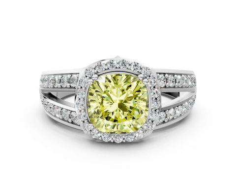 White gold Fancy Yellow Cushion Cut Diamond Halo Ring with Split Shank Pavé Band and Four-Prong Setting