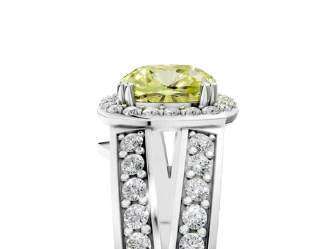 White gold Fancy Yellow Cushion Cut Diamond Halo Ring with Split Shank Pavé Band and Four-Prong Setting_5