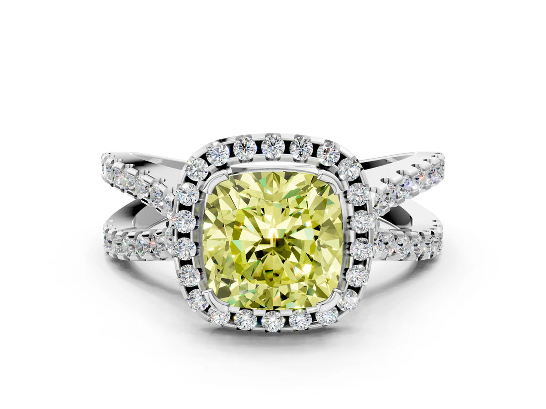 White gold Fancy Yellow Cushion Cut Diamond Halo Ring with Split Shank Pavé Band and Prong Setting_78
