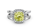 White gold Fancy Yellow Cushion Cut Diamond Halo Ring with Split Shank Pavé Band and Prong Setting_79