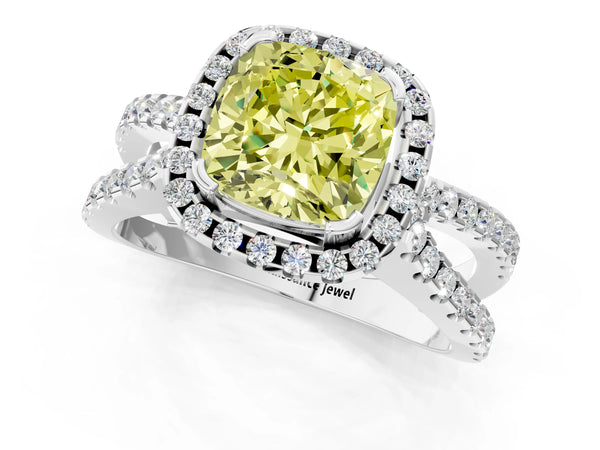 White gold Fancy Yellow Cushion Cut Diamond Halo Ring with Split Shank Pavé Band and Prong Setting