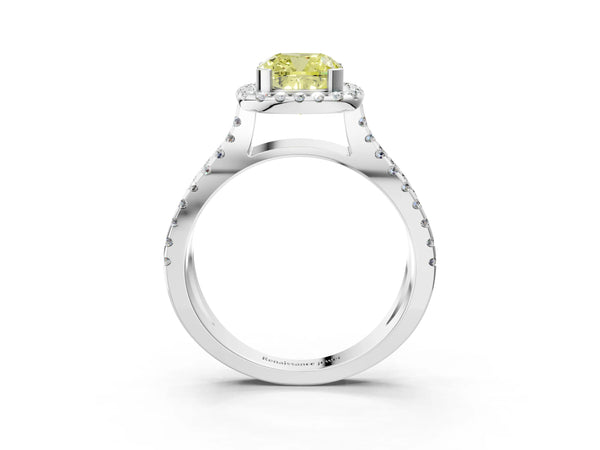 White gold Fancy Yellow Cushion Cut Diamond Halo Ring with Split Shank Pavé Band and Prong Setting