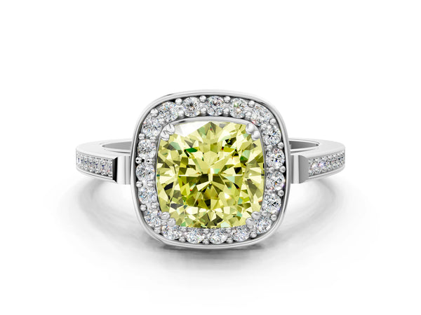 Platinum Fancy Yellow Cushion Cut Diamond Halo Ring with Split Shank and Four-Prong Setting