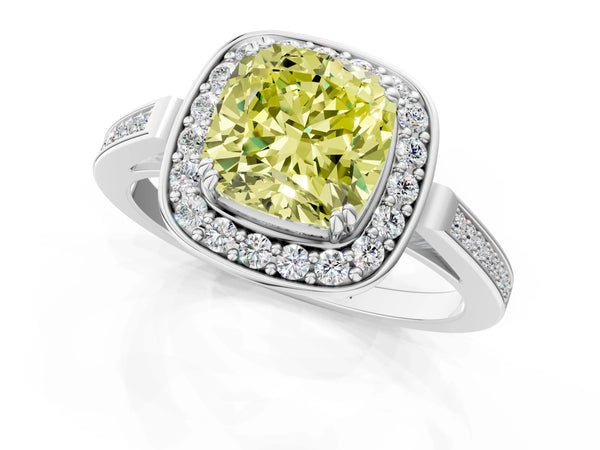 Platinum Fancy Yellow Cushion Cut Diamond Halo Ring with Split Shank and Four-Prong Setting