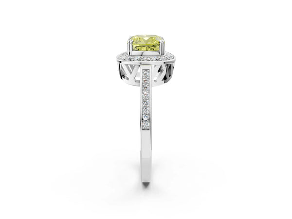 Platinum Fancy Yellow Cushion Cut Diamond Halo Ring with Split Shank and Four-Prong Setting