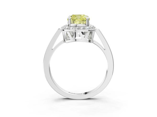 Platinum Fancy Yellow Cushion Cut Diamond Halo Ring with Split Shank and Four-Prong Setting