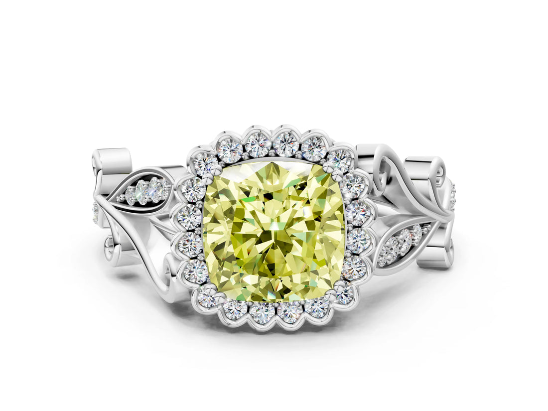 White gold Fancy Yellow Cushion Cut Diamond Halo Ring with Vintage Split Shank and Four-Prong Setting_109