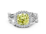 White gold Fancy Yellow Cushion Cut Diamond Halo Ring with Vintage Split Shank and Four-Prong Setting_109