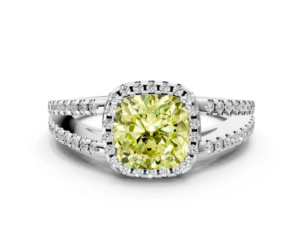 Platinum Fancy Yellow Cushion Cut Diamond Halo Split Shank Engagement Ring