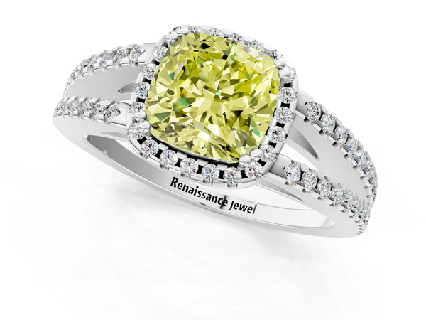 Platinum Fancy Yellow Cushion Cut Diamond Halo Split Shank Engagement Ring
