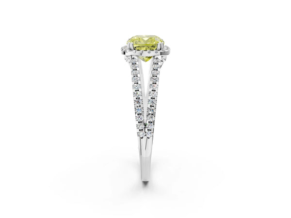 Platinum Fancy Yellow Cushion Cut Diamond Halo Split Shank Engagement Ring