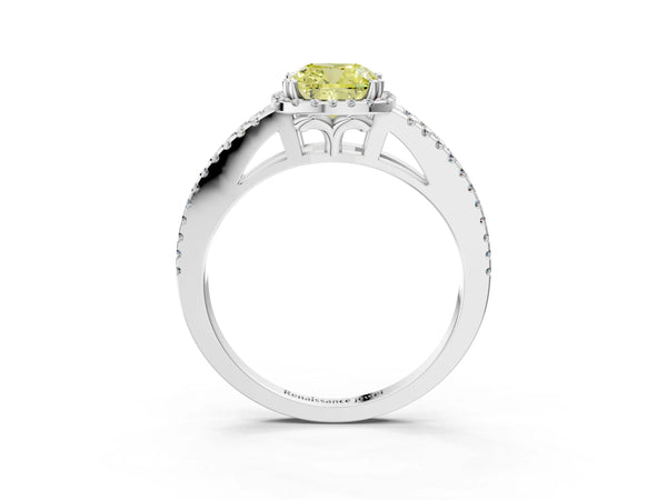 Platinum Fancy Yellow Cushion Cut Diamond Halo Split Shank Engagement Ring