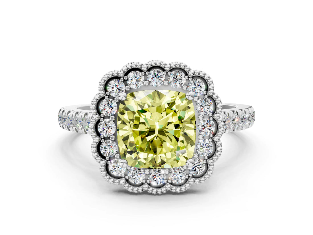 White gold Fancy Yellow Cushion  Cut Diamond Milgrain Floral Halo Engagement Ring with Pavé Band_15