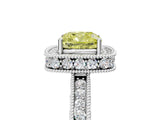 White gold Fancy Yellow Cushion Cut Diamond Milgrain Halo Engagement Ring with Round Pavé Band and Prong Setting_17