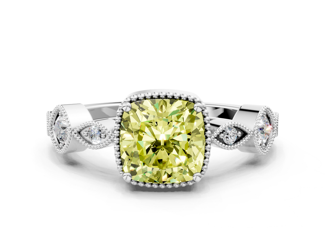 White gold Fancy Yellow Cushion  Cut Diamond Milgrain Marquise Band with Prong Setting_3