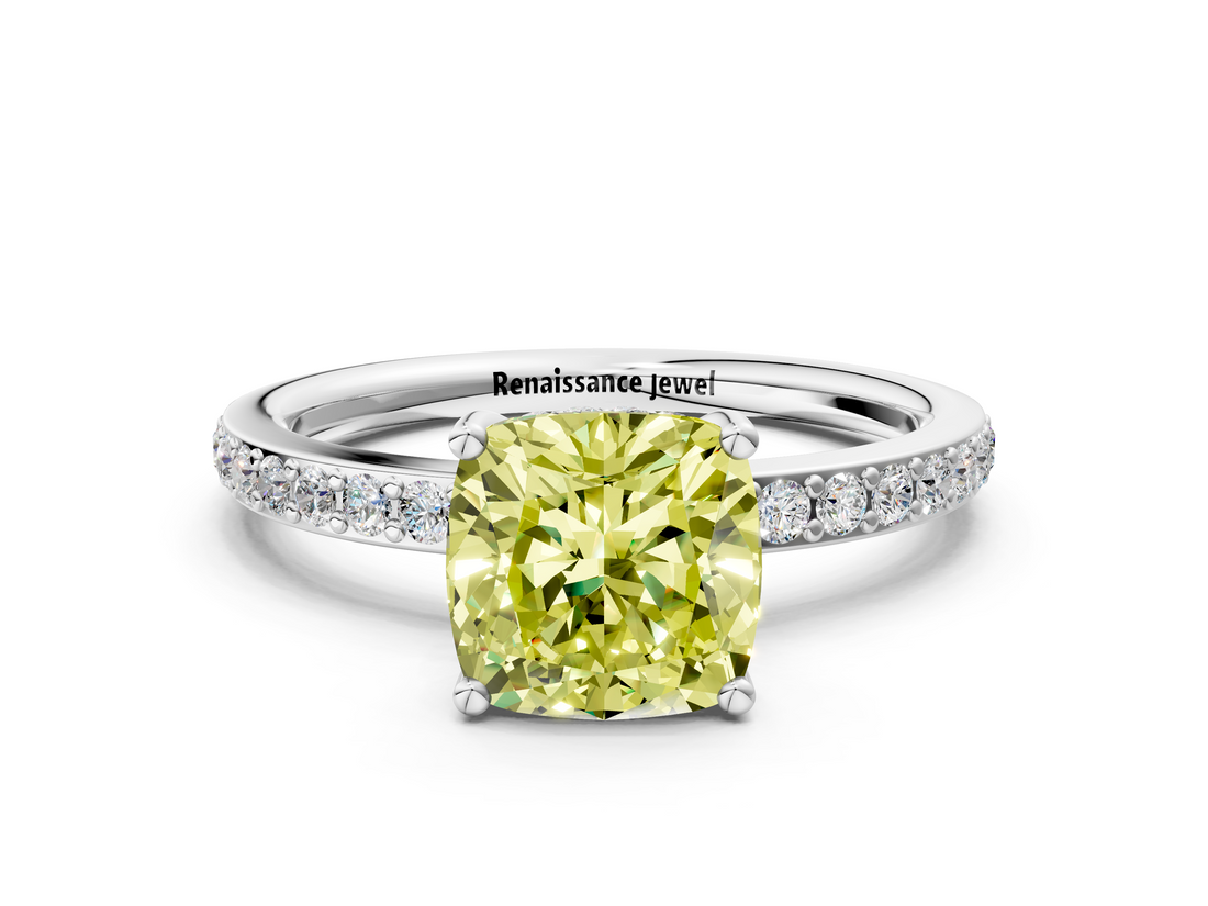 White gold Fancy Yellow Cushion  Cut Diamond Pavé Band Ring with Four-Prong Setting_41