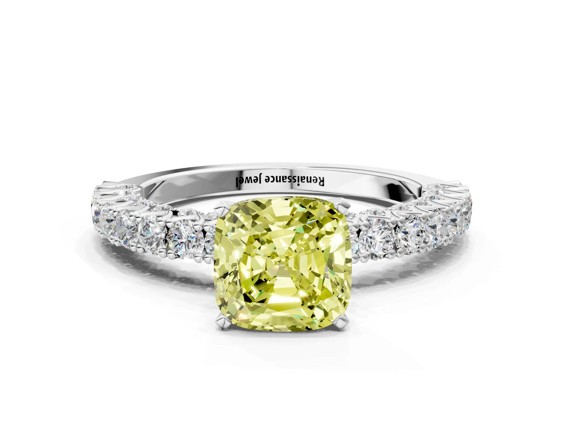 White gold Fancy Yellow Cushion Cut Diamond Pavé Band Solitaire Ring with Prong Setting_83