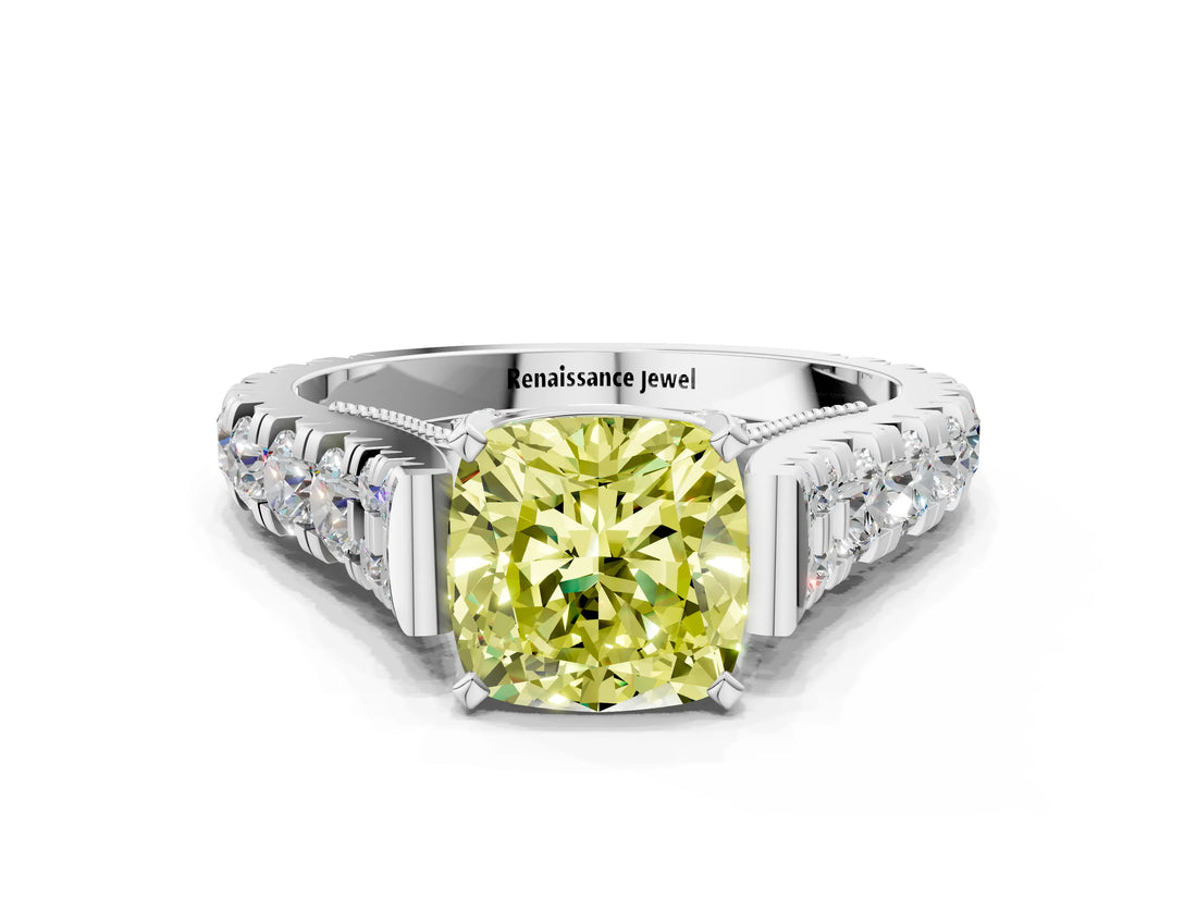 White gold Fancy Yellow Cushion  Cut Diamond Pavé Band Solitaire with Four-Prong Setting_15