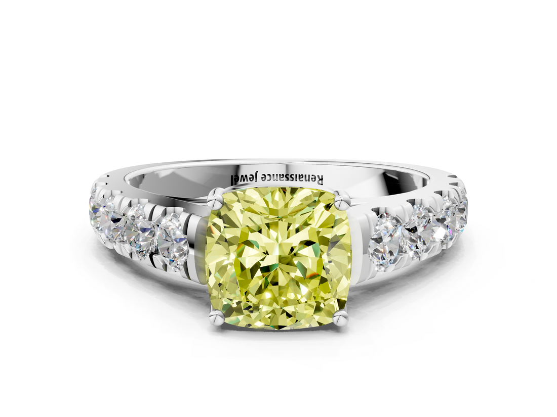 White gold Fancy Yellow Cushion  Cut Diamond Pavé Band Solitaire with Four-Prong Setting_3