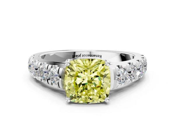 White gold Fancy Yellow Cushion  Cut Diamond Solitaire Ring with Micro Pave Band and Prong Setting